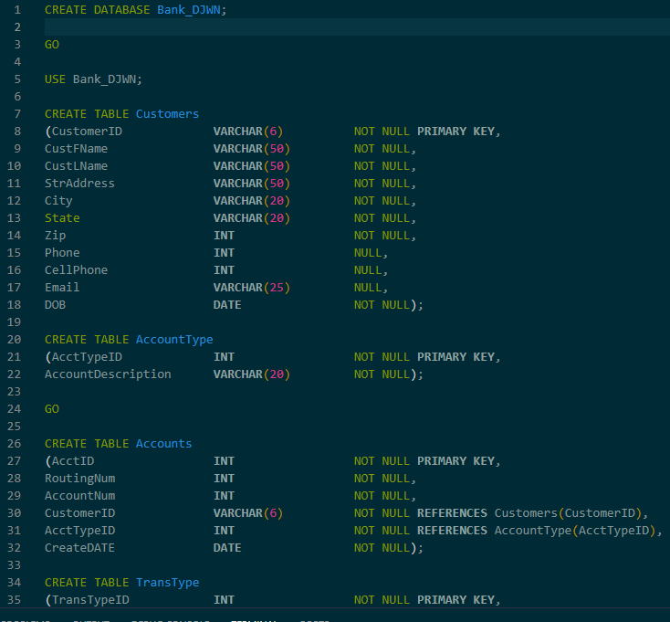 A picture of a database script to create a simple bank database.